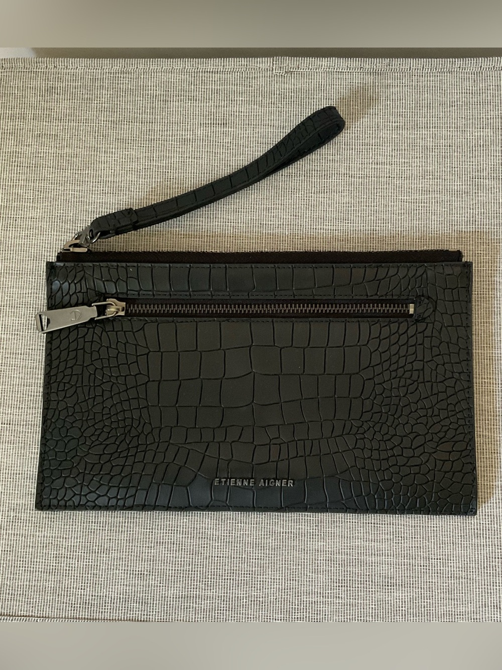 Etienne Aigner Black Croc-Embossed Leather Wristlet Wallet